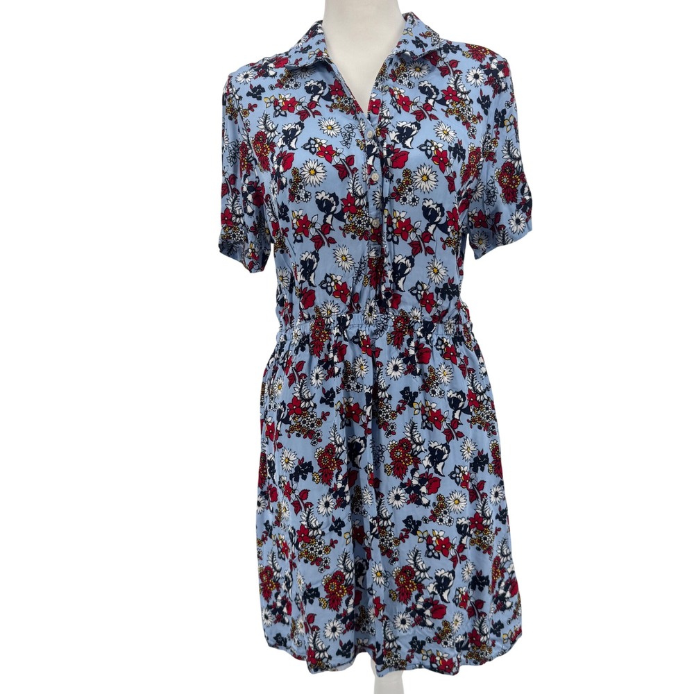 Calvin Klein Jeans Women Floral Shirt Dress Blue Short Sleeve Elastic Waist Sz L
